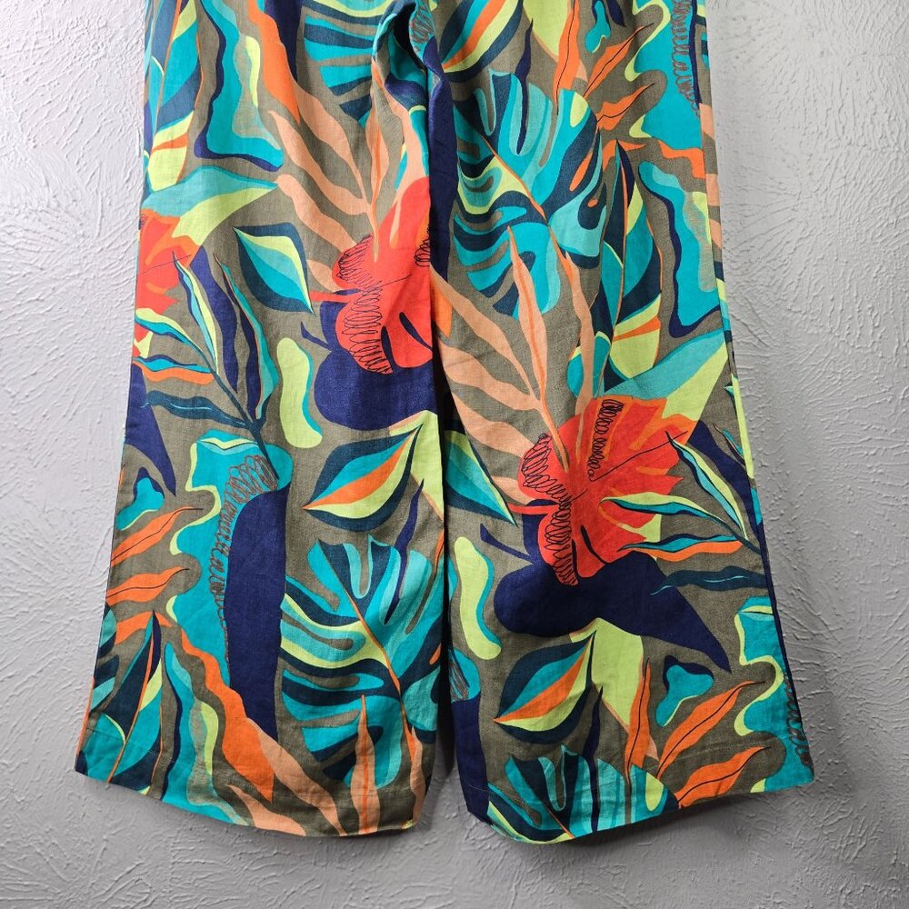 Soft Surroundings Wide Leg Linen Pants XL Tropical Print High Waisted Pull On - Picture 11 of 13